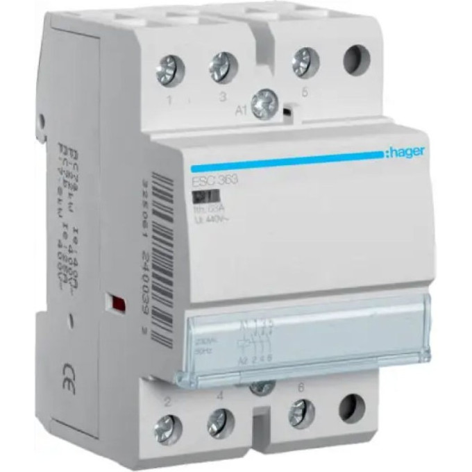 Контактор модульный HAGER, 3н.о., AC1/AC7a 63A, Uупр.=230В 50Гц, ширина 3М ESC363